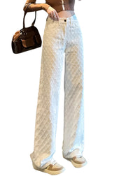 French White Pockets High Waist Denim Straight Pants Spring