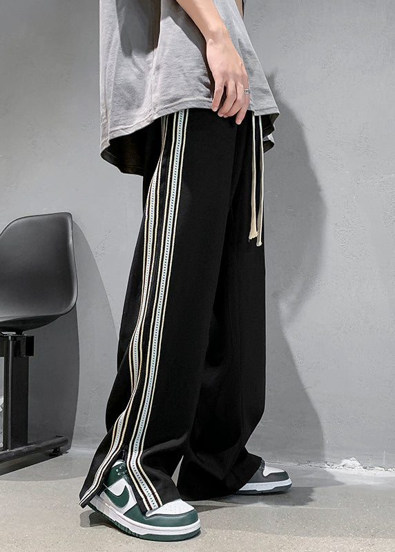 French White Pockets Striped Side Open Ice Silk Men Pants Summer