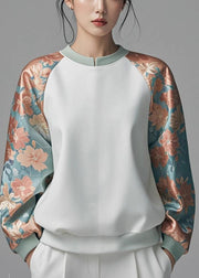 French White Print Patchwork Cotton Sweatshirt Spring