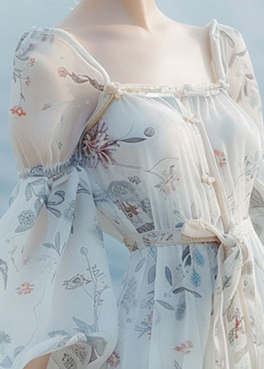 French White Print Tie Waist Long Dresses Lantern Sleeve