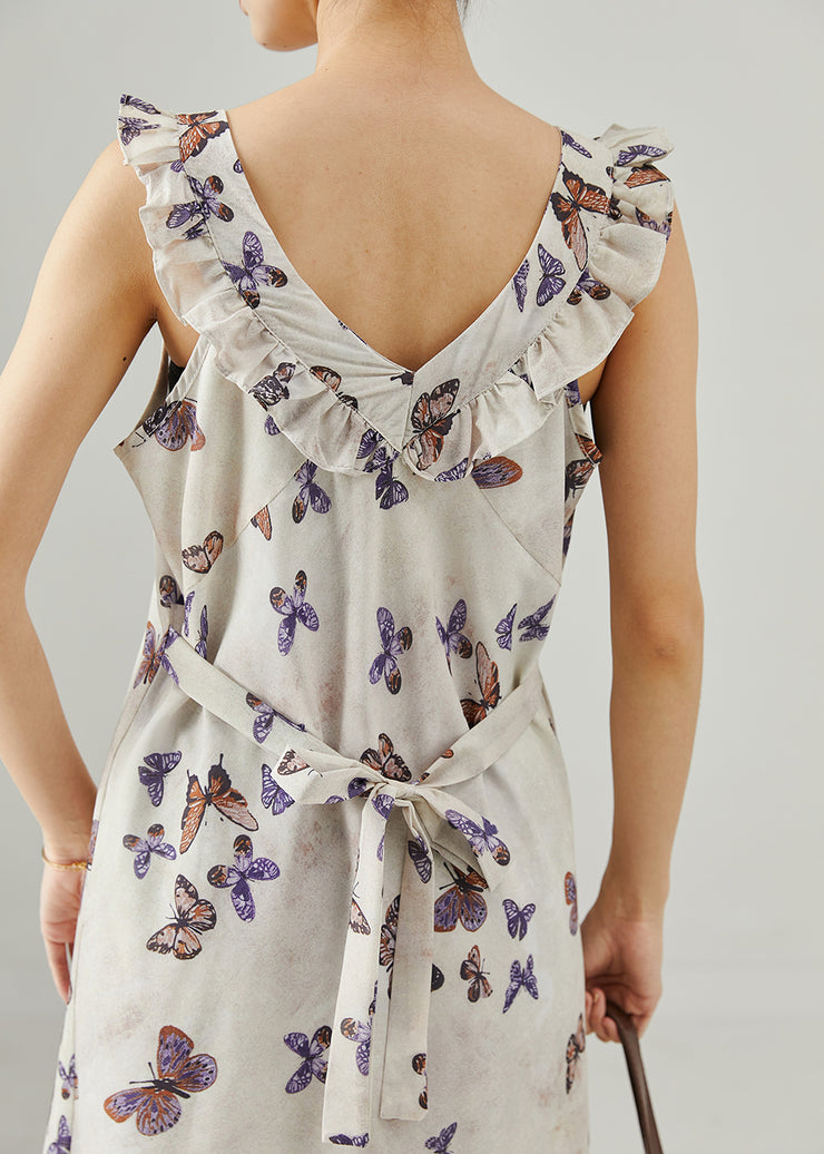 French White Ruffled Floral Cotton Ankle Dress Summer