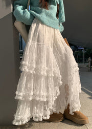 French White Ruffled High Waist Lace Skirts Spring