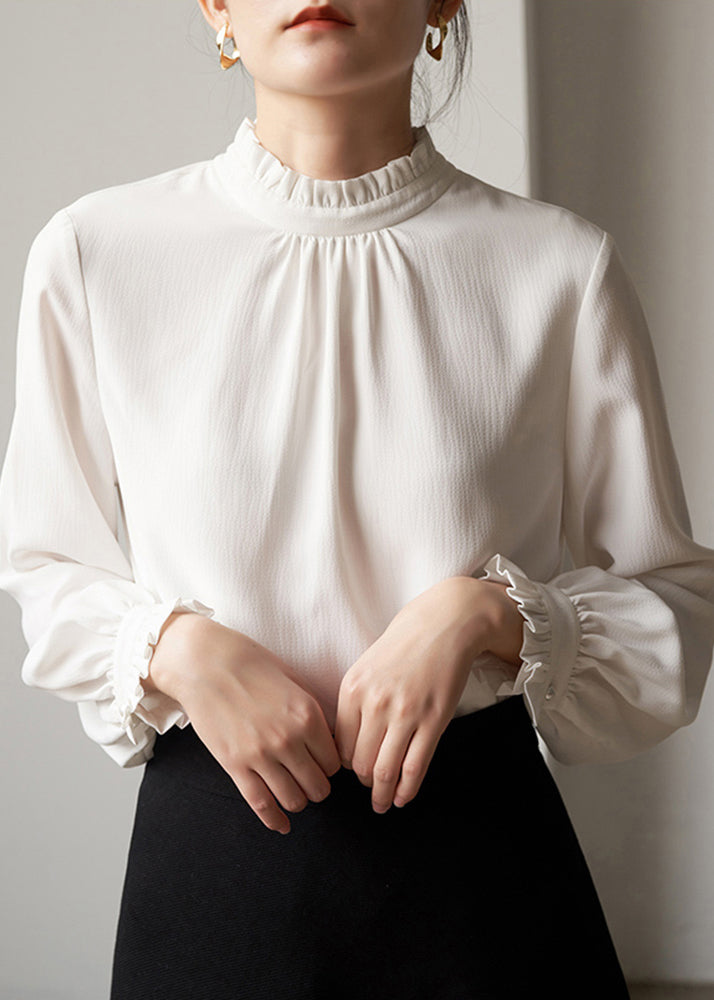 French White Ruffled Patchwork Chiffon Top Long Sleeve