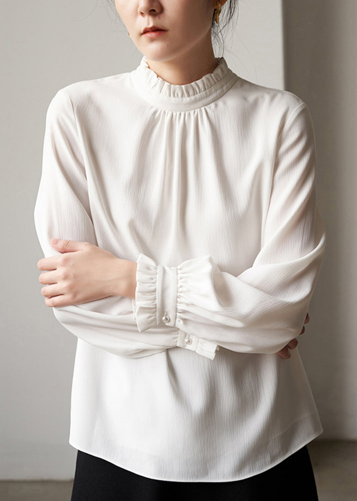 French White Ruffled Patchwork Chiffon Top Long Sleeve