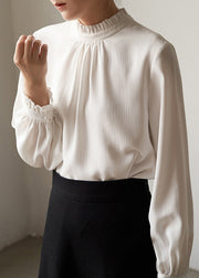 French White Ruffled Patchwork Chiffon Top Long Sleeve