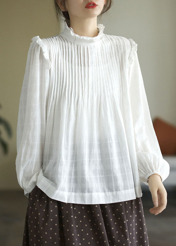 French White Ruffled Patchwork Cotton Shirt Top Long Sleeve