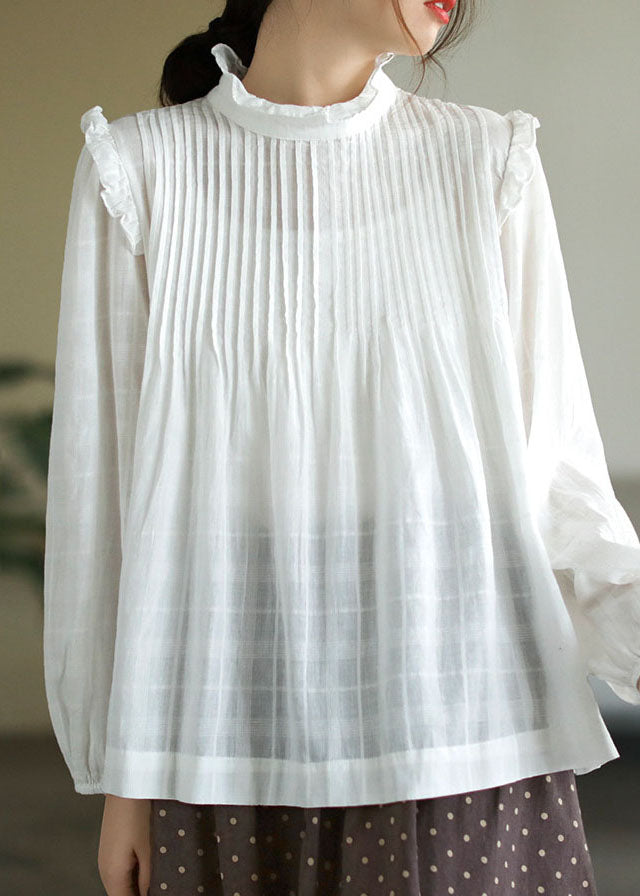 French White Ruffled Patchwork Cotton Shirt Top Long Sleeve