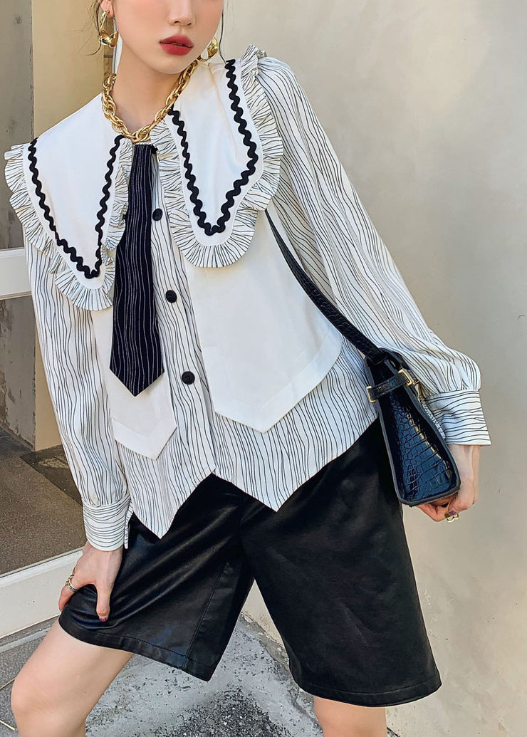 French White Ruffled Striped Patchwork Cotton Shirts Springs