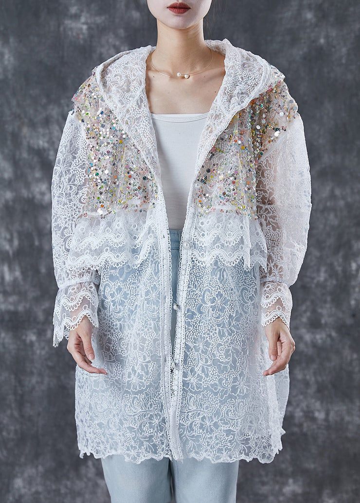 French White Sequins Hollow Out Lace Jackets Spring