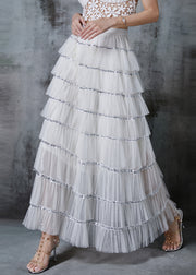 French White Sequins Patchwork Layered Tulle Skirts Spring