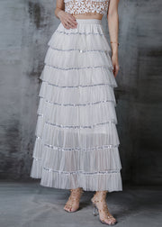 French White Sequins Patchwork Layered Tulle Skirts Fall