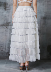 French White Sequins Patchwork Layered Tulle Skirts Spring