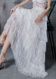 French White Sequins Patchwork Layered Tulle Skirts Fall