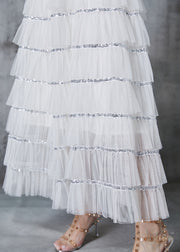 French White Sequins Patchwork Layered Tulle Skirts Fall