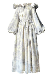 French White Slash Neck Ruffles Lantern Sleeve Print Silk Maxi Dress