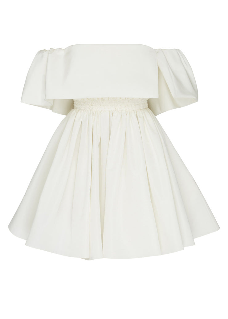 French White Solid Slash Neck Cotton Mid Dress Summer