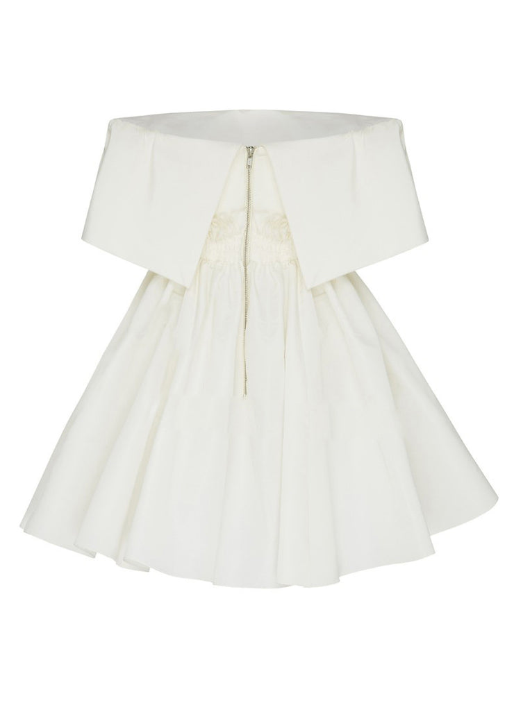 French White Solid Slash Neck Cotton Mid Dress Summer