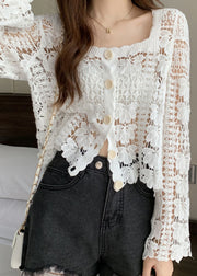 French White Square Collar Hollow Out Knit Top Summer