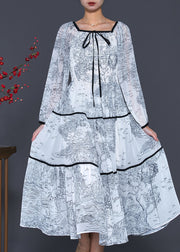 French White Square Collar Print Chiffon Dress Spring