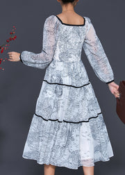 French White Square Collar Print Chiffon Dress Spring