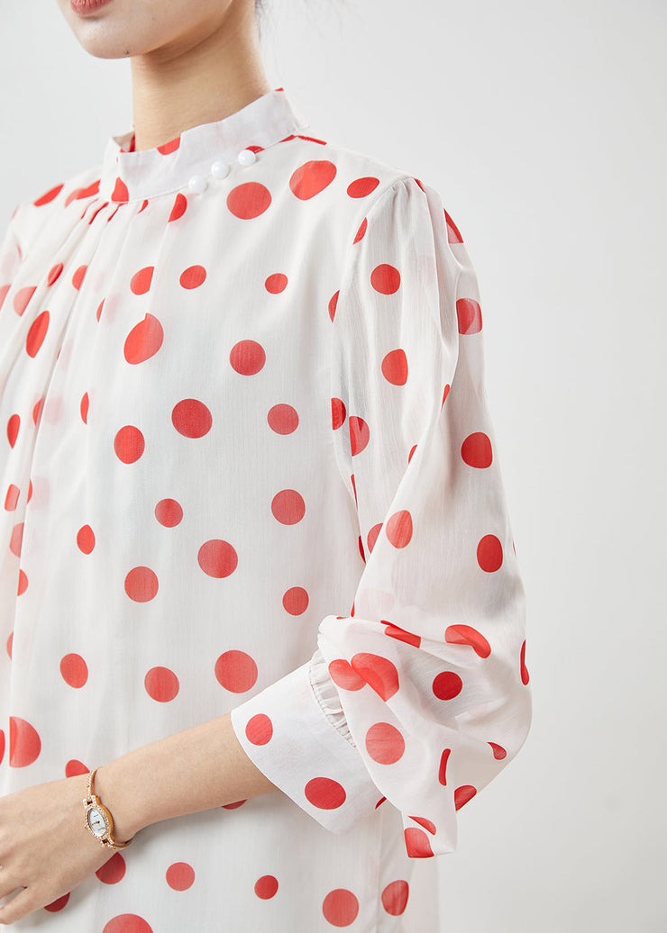 French White Stand Collar Dot Print Chiffon Blouses Spring