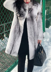 French White Stand Collar Pockets Mink Hair Coats Winter