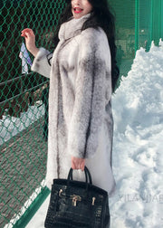 French White Stand Collar Pockets Mink Hair Coats Winter