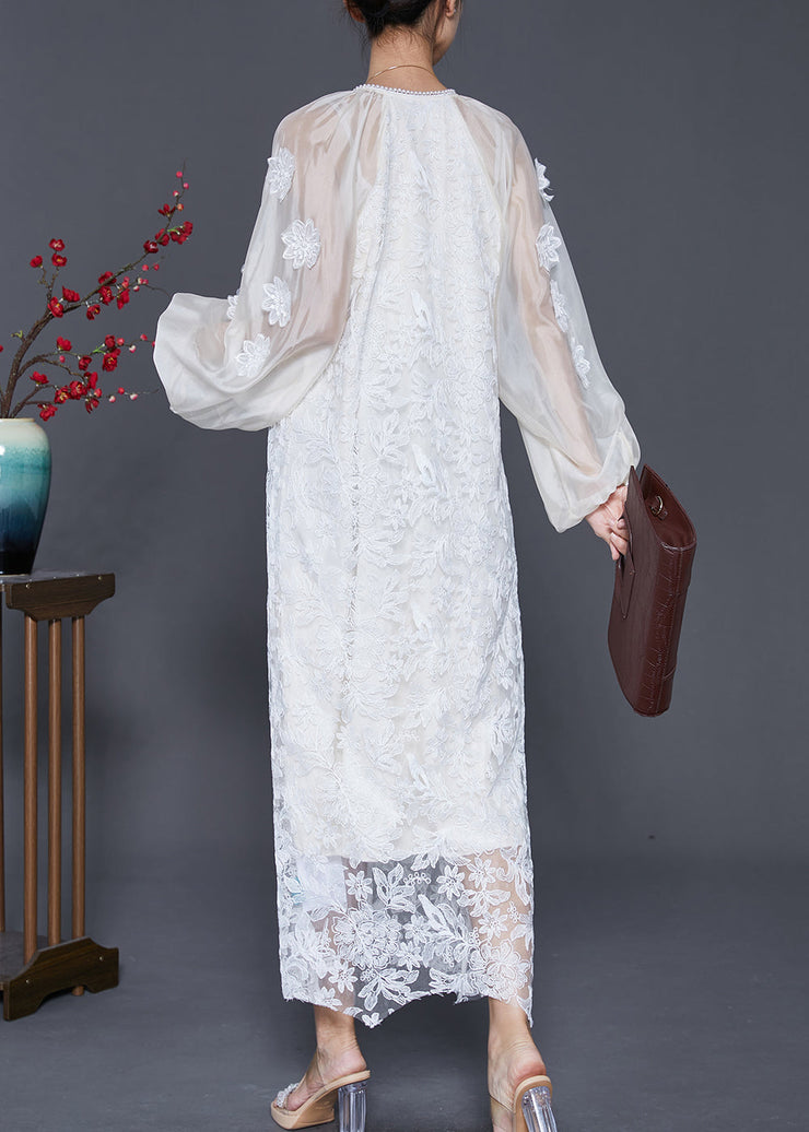 French White Stereoscopic Floral Lace Long Dresses Fall