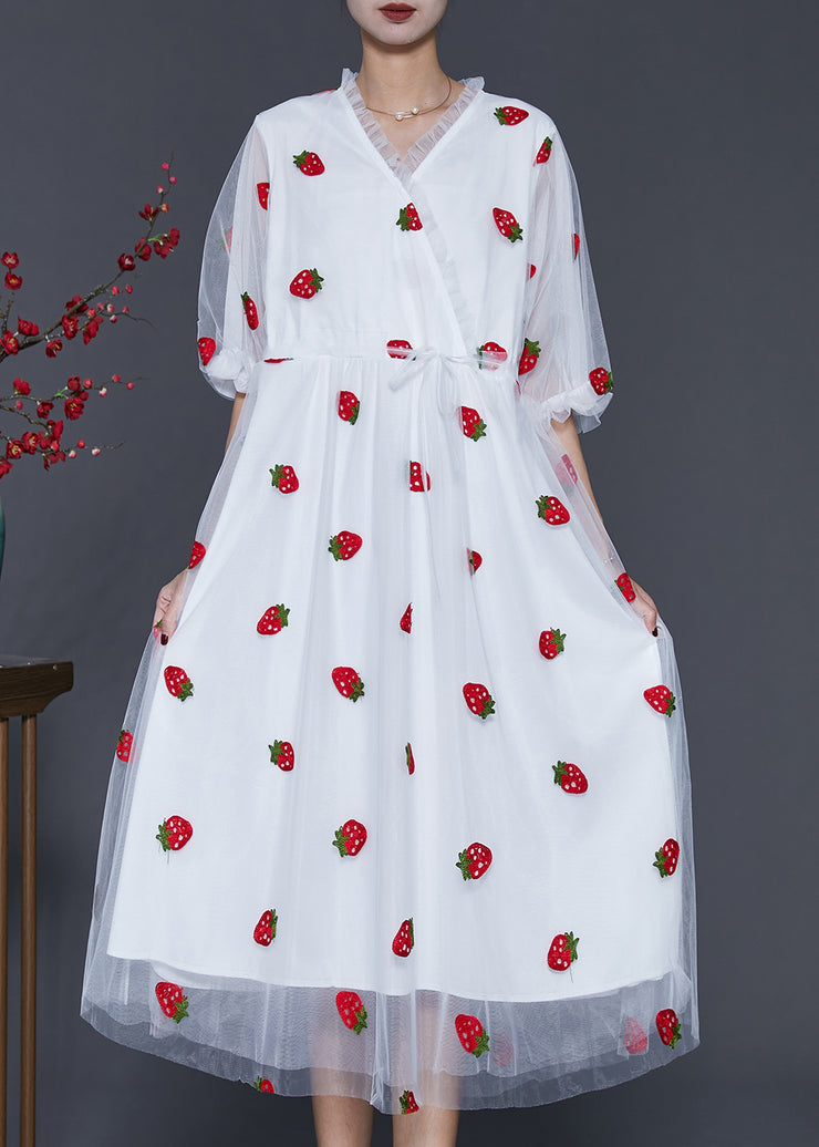 French White Strawberry Print Tulle Vacation Dresses Summer
