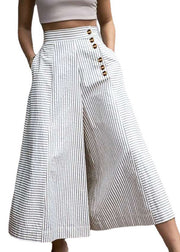 French White Striped Cotton Wide Leg Pants Spring