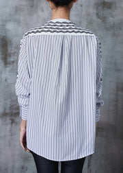 French White Striped Patchwork Cotton Blouse Top Spring