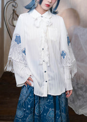 French White Tasseled Print Patchwork Chiffon Shirt Spring