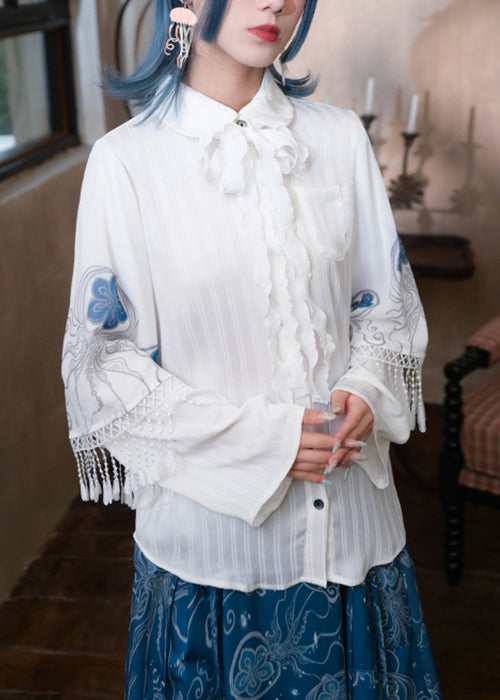 French White Tasseled Print Patchwork Chiffon Shirt Spring