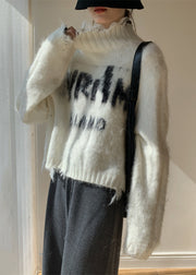 French White Turtleneck Hole Letter Knit Sweater Spring