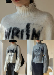 French White Turtleneck Hole Letter Knit Sweater Winter