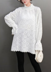 French White Turtleneck Lace Tops Spring