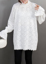 French White Turtleneck Lace Tops Spring