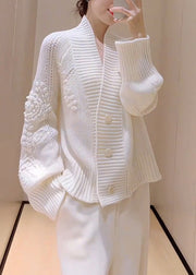 French White V Neck Button Knit Cardigans Spring