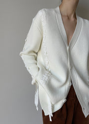 French White V Neck Button Knit Woolen Cardigans Spring