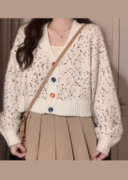 French White V Neck Button Patchwork Knit Loose Cardigan Fall