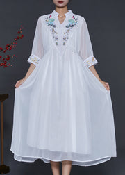 French White V Neck Embroidered Chiffon Dress Summer