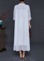 French White V Neck Embroidered Chiffon Dress Summer