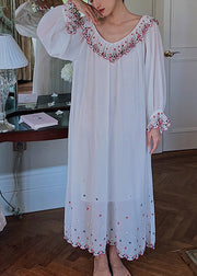 French White V Neck Embroidered Floral Maxi Dresses Long Sleeve
