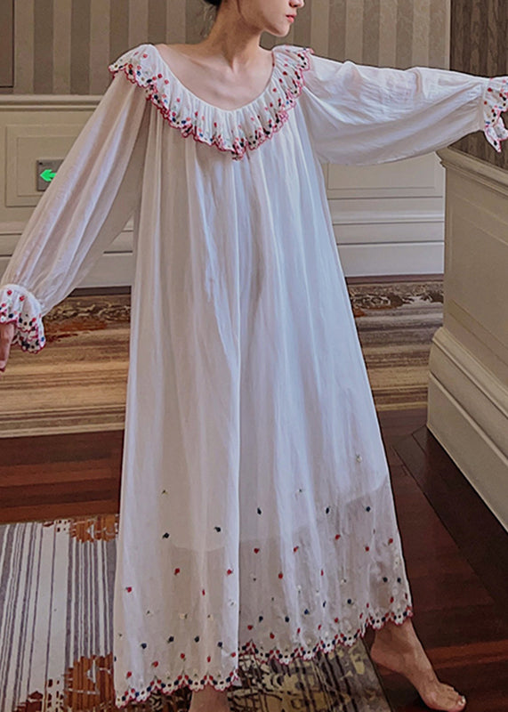 French White V Neck Embroidered Floral Maxi Dresses Long Sleeve