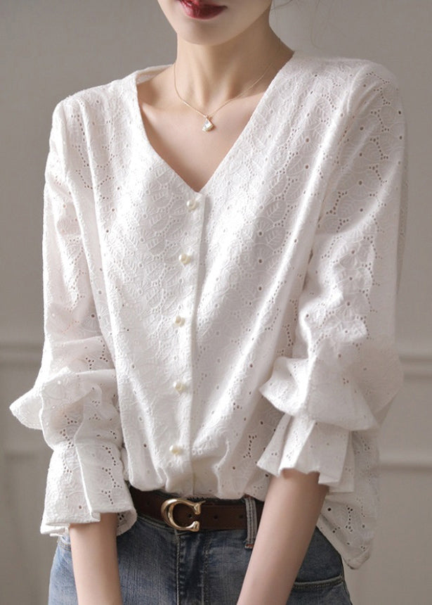 French White V Neck Hollow Out Embroidered Cotton Top Flare Sleeve