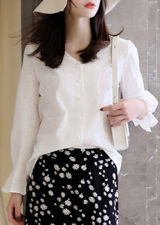 French White V Neck Hollow Out Embroidered Cotton Top Flare Sleeve