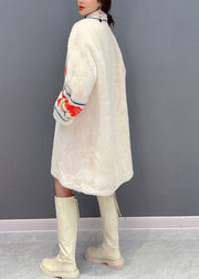 French White V Neck Oriental Button Print Fuzzy Fur Fluffy Coat Winter