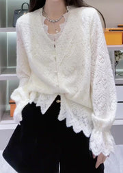 French White V Neck Patchwork Lace Top Spring