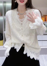 French White V Neck Patchwork Lace Top Spring