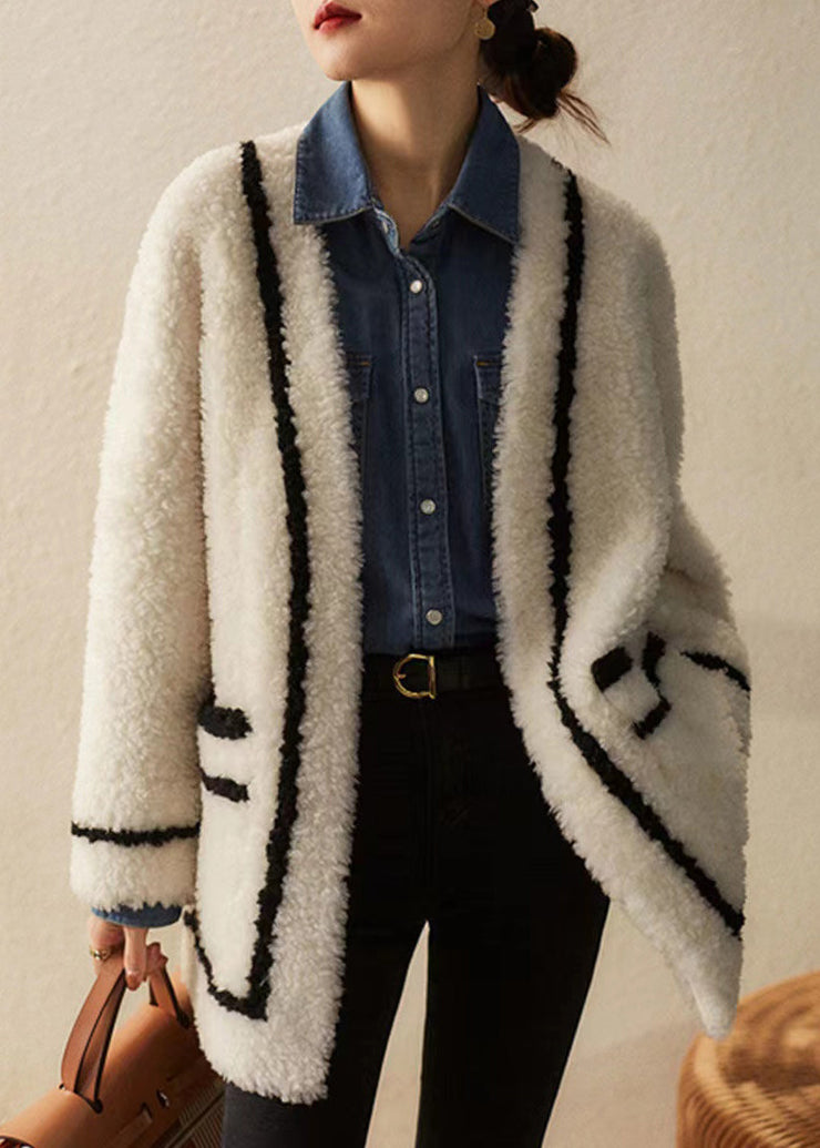 French White V Neck Pockets Patchwork Wool Coats Winter